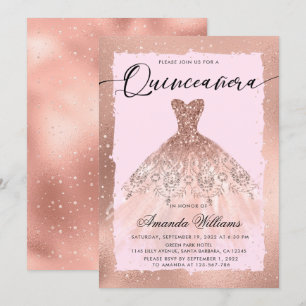 Invitation Rose Gold Gown Quinceañera