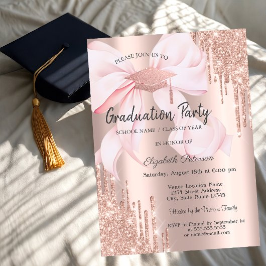 Invitation Rose Gold Grad Cap Drips Bow Photo Graduation