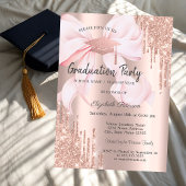 Invitation Rose Gold Grad Cap Glitter Drips Bow Graduation