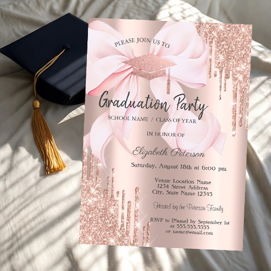 Invitation Rose Gold Grad Cap Glitter Drips Bow Graduation