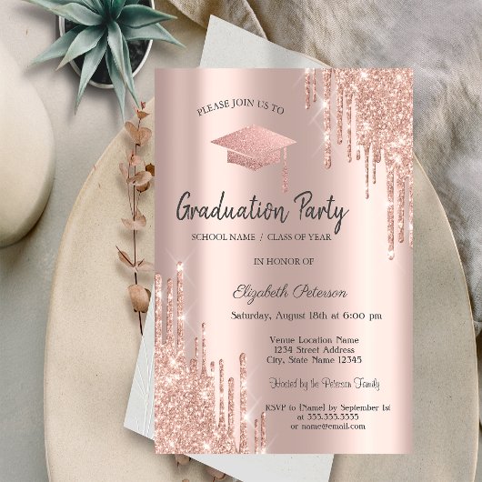 Invitation Rose Gold Graduation Cap Parties scintillant, Dipl