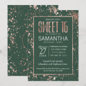 Invitation Rose Gold Green Paint Splatters Sweet 16 (Devant / Derrière)