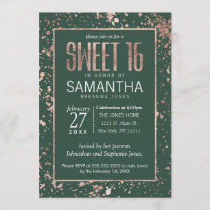 Invitation Rose Gold Green Paint Splatters Sweet 16