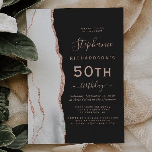Invitation Rose Gold Gris Blanc Agate Foncé 50e Anniversaire