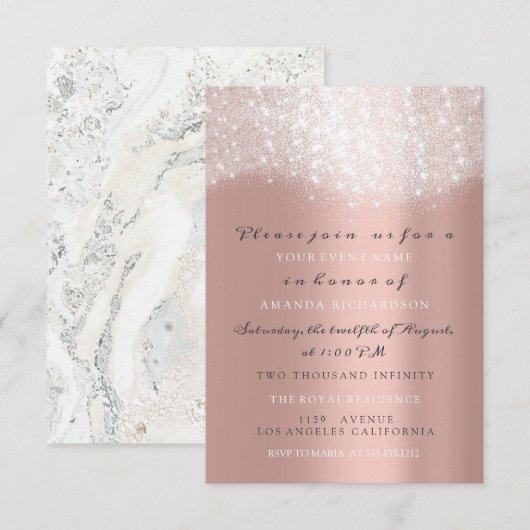 Invitation Rose Gold Gris Pailleté Marbre Confetti Élégant VI (Devant / Derrière)