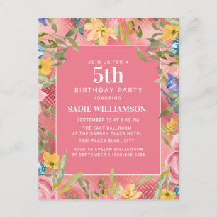 Invitation Rose Gold Jaune Bleu Floral Fille 5ème Anniversair