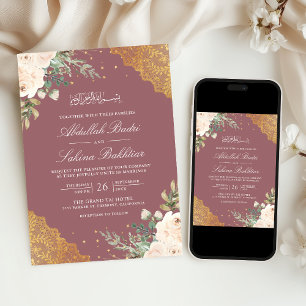 Invitation Rose Gold Lace Code QR Mariage Musulman Rose Crème