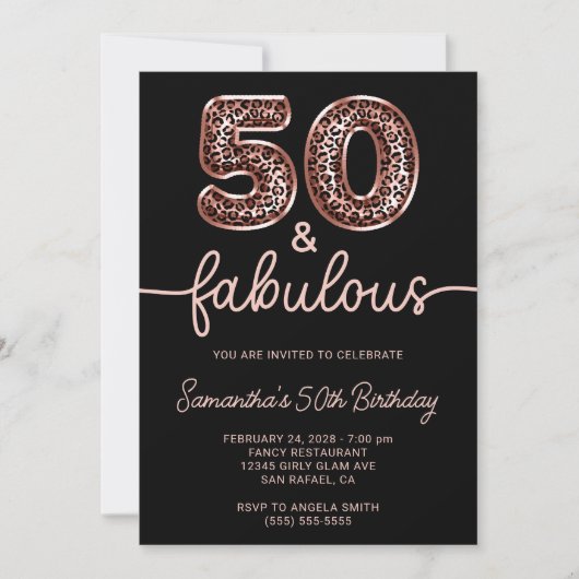 Invitation Rose Gold Leopard Balloon Number 50 and Fabulous (Devant)
