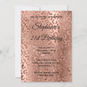 Invitation Rose Gold Léopard Glam Feuille 21e Anniversaire
