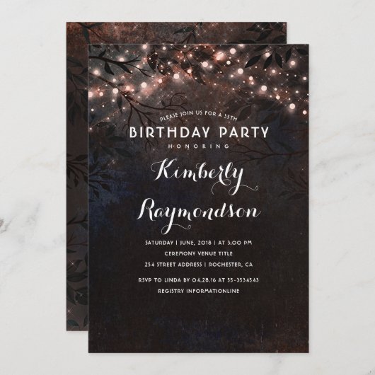 Invitation Rose Gold Lights Russe Nuit Anniversaire (Devant / Derrière)