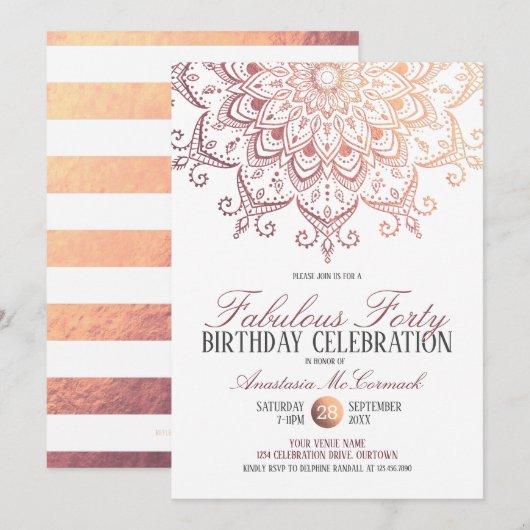 Invitation Rose Gold Mandala Fabuleux 40 Anniversaire (Devant / Derrière)