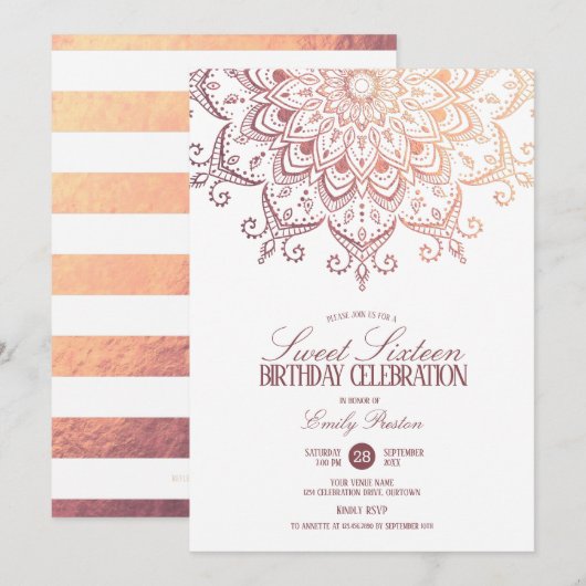 Invitation Rose Gold Mandala Sweet 16 Party (Devant / Derrière)