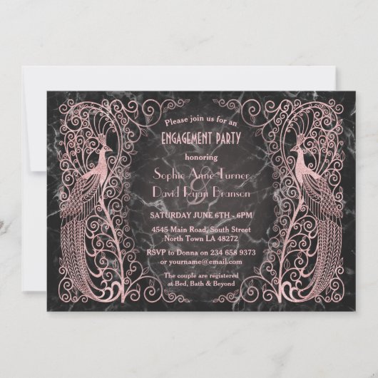 Invitation Rose Gold Marble Art Déco Peacock Engagement Party (Devant)