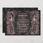 Invitation Rose Gold Marble Art Déco Peacock Engagement Party (Devant / Derrière)