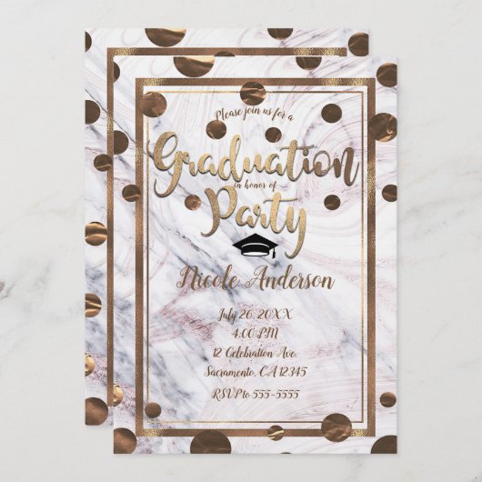 Invitation Rose Gold Marble Swirl Bronze Graduation en cuivre (Devant / Derrière)