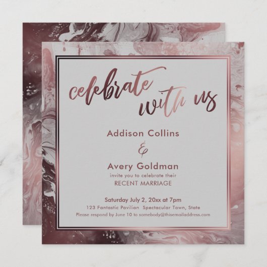 Invitation Rose Gold & Marbre Gris Clair Célébrez avec nous (Devant / Derrière)