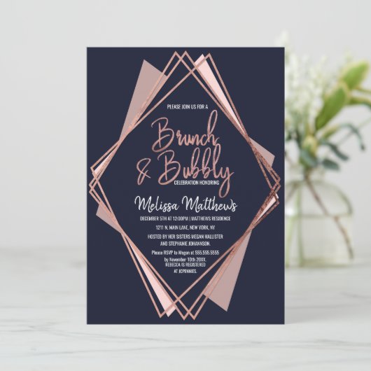 Invitation Rose Gold Marine Bleu Mauve Brunch géométrique Bub (Debout devant)