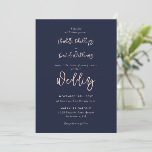 Invitation Rose Gold Marine Bleu moderne Script Mariage (Debout devant)