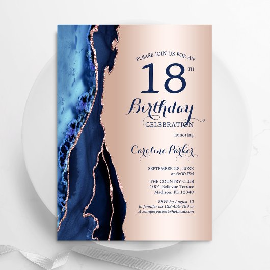 Invitation Rose Gold Marine Blue Agate 18e anniversaire