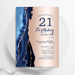 Invitation Rose Gold Marine Blue Agate 21e anniversaire<br><div class="desc">L'or bleu marine et rose agate 21e anniversaire invitation de fête. Elégant design moderne avec aquarelle bleu royal agate marbre arrière - plan, fausse parties scintillant rose or et typographie de police. Carte invitation branchée parfaite pour une célébration anniversaire féminine élégante. Invitations Zazzle imprimées ou téléchargement instantané modèle imprimable numérique....</div>