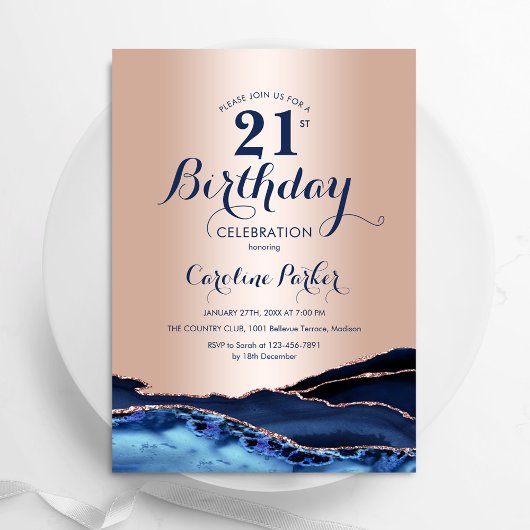 Invitation Rose Gold Marine Blue Agate Marbre 21e anniversair
