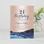 Invitation Rose Gold Marine Blue Agate Marbre 21e anniversair (Debout devant)