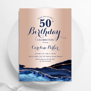 Invitation Rose Gold Marine Blue Agate Marbre 50e anniversair