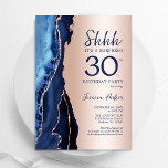 Invitation Rose Gold Marine Blue Agate Surprise 30e anniversa<br><div class="desc">L'agate d'or bleu marine et rose surprend l'invitation de fête de 30e anniversaire. Elégant design moderne avec aquarelle bleu royal agate marbre arrière - plan, fausse parties scintillant rose or et typographie de police. Carte invitation branchée parfaite pour une célébration anniversaire féminine élégante. Invitations Zazzle imprimées ou téléchargement instantané modèle...</div>