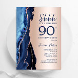 Invitation Rose Gold Marine Blue Agate Surprise 90e anniversa<br><div class="desc">L'agate d'or bleu marine et rose surprend l'invitation de la fête du 90e anniversaire. Elégant design moderne avec aquarelle bleu royal agate marbre arrière - plan, fausse parties scintillant rose or et typographie de police. Carte invitation branchée parfaite pour une célébration anniversaire féminine élégante. Invitations Zazzle imprimées ou téléchargement instantané...</div>