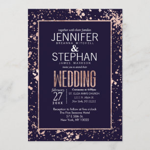 Invitation Rose Gold Marine Blue Paint Splatters Mariage Invi