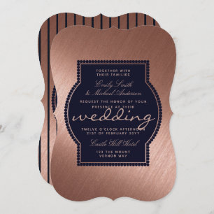 Invitation Rose Gold Marine Blue Wedding invite Metallic