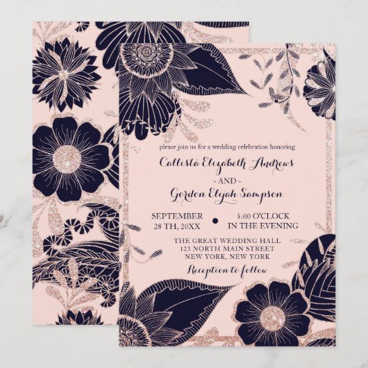 Invitation Rose Gold Marine rose Parties scintillant Florale  (Devant / Derrière)