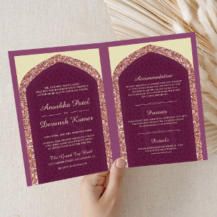 Invitation Rose Gold Mauve Fuschia Mariage Indien Tout en Un