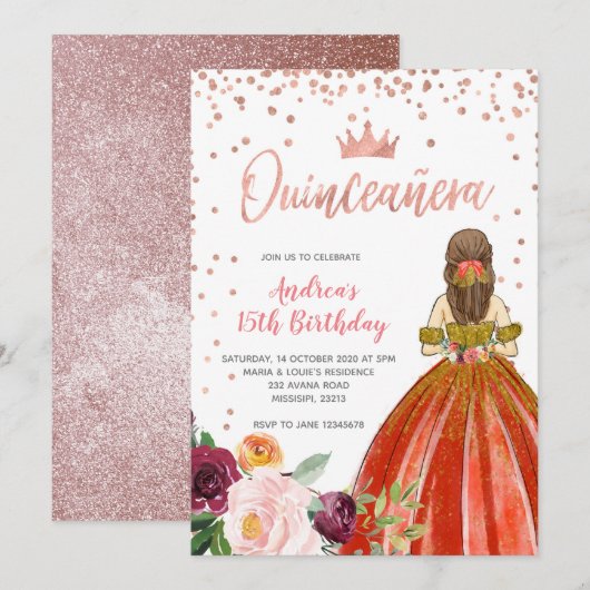 Invitation Rose Gold Mexicaine Princesse Quinceañera Annivers (Devant / Derrière)