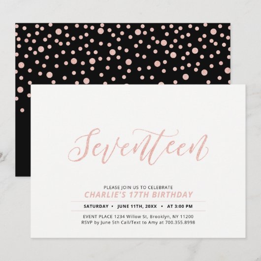 Invitation Rose Gold Modern Lettering 17ème fête d'anniversai (Devant / Derrière)