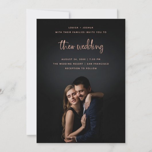 Invitation Rose Gold Modern Script avec photo| Mariage (Devant)