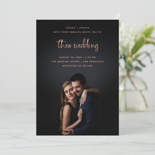 Invitation Rose Gold Modern Script avec photo| Mariage (Debout devant)