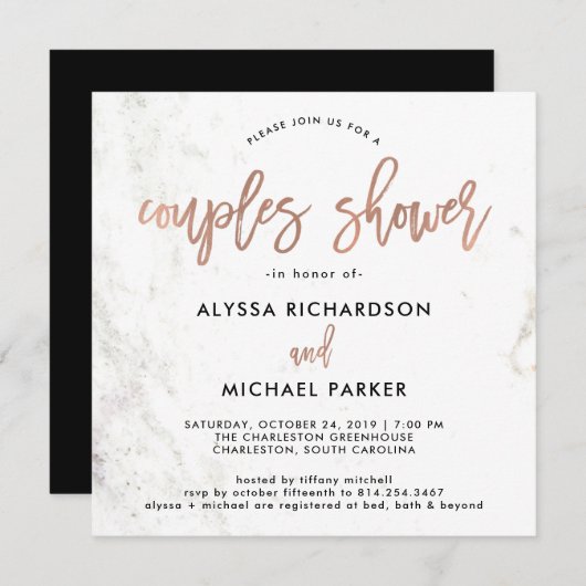 Invitation Rose Gold Modern Script | Douche Couples en marbre (Devant / Derrière)