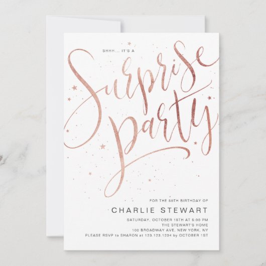 Invitation Rose Gold Modern Script Surprise Anniversaire (Devant)