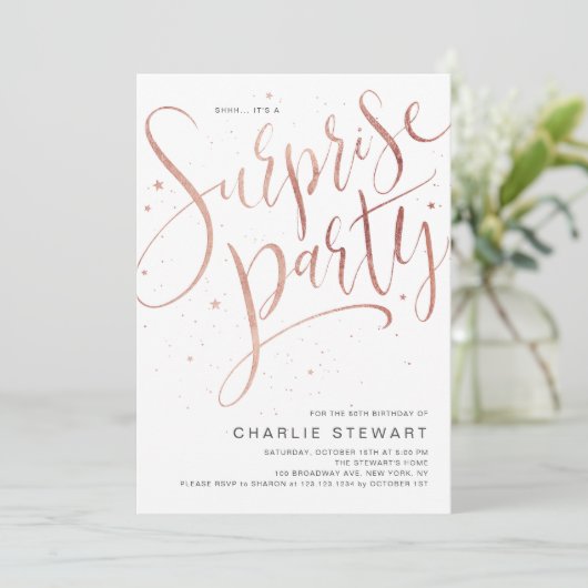 Invitation Rose Gold Modern Script Surprise Anniversaire (Debout devant)