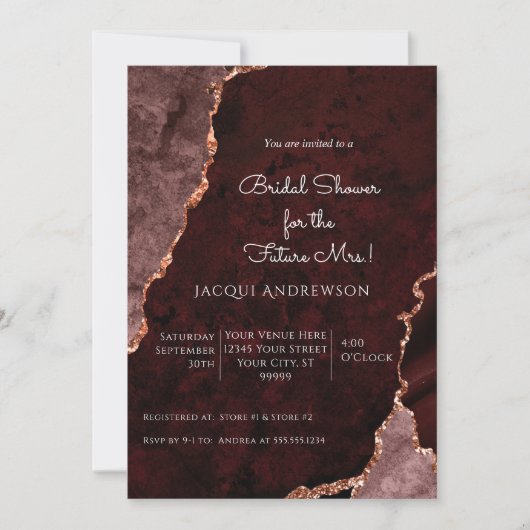 Invitation Rose Gold Moderne Agate Bourgogne Dusty Rose Bride (Devant)