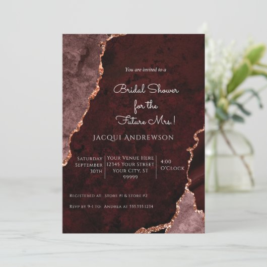 Invitation Rose Gold Moderne Agate Bourgogne Dusty Rose Bride (Debout devant)