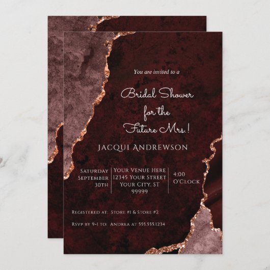 Invitation Rose Gold Moderne Agate Bourgogne Dusty Rose Bride (Devant / Derrière)