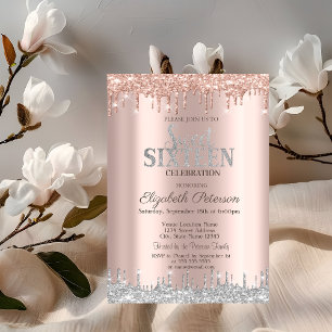 Invitation Rose Gold Moderne Gouttes de Paillettes d'Argent