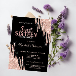 Invitation Rose Gold Moderne Paillettes Gouttes Noir Sweet 16