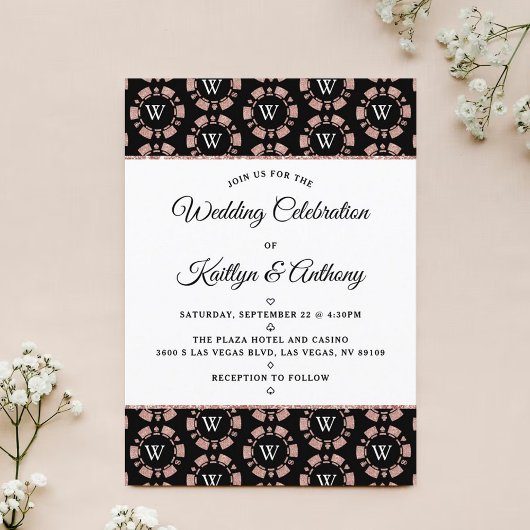 Invitation Rose Gold Monogram Poker Chip Casino Mariage