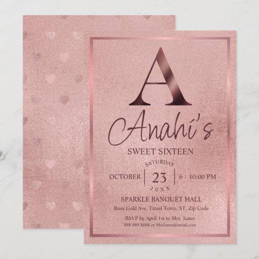 Invitation Rose Gold Monogram Sweet Sixteen (Devant / Derrière)