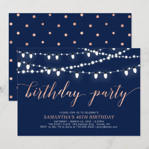 Invitation Rose Gold & Navy 40e fête d'anniversaire pour fe