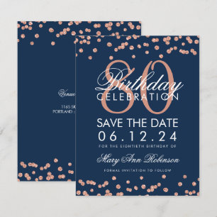 Invitation Rose Gold Navy 80e anniversaire Date de sauvegarde