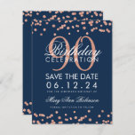 Invitation Rose Gold Navy 90th Birthday Save Date Confetti<br><div class="desc">Elégant design "90e anniversaire fête" avec Parties scintillant Rose Gold Faux Marine Blue et nom personnalisé et texte de détails. Facile à utiliser et facile à personnaliser. Commandez aujourd'hui !</div>